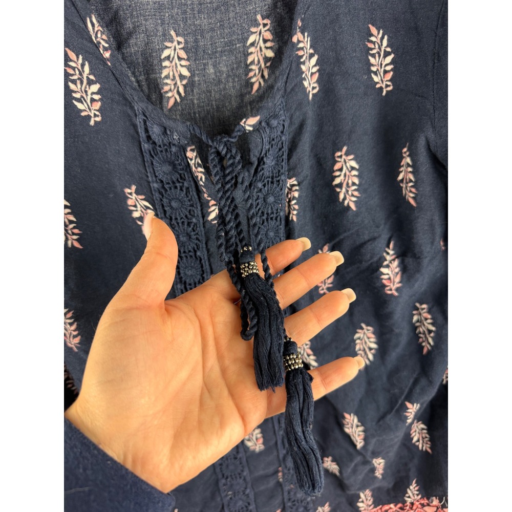 Style& Co Navy Blue Floral Print Lace Up Tassel Tunic Top Womens Size S Boho - Picture 4 of 10